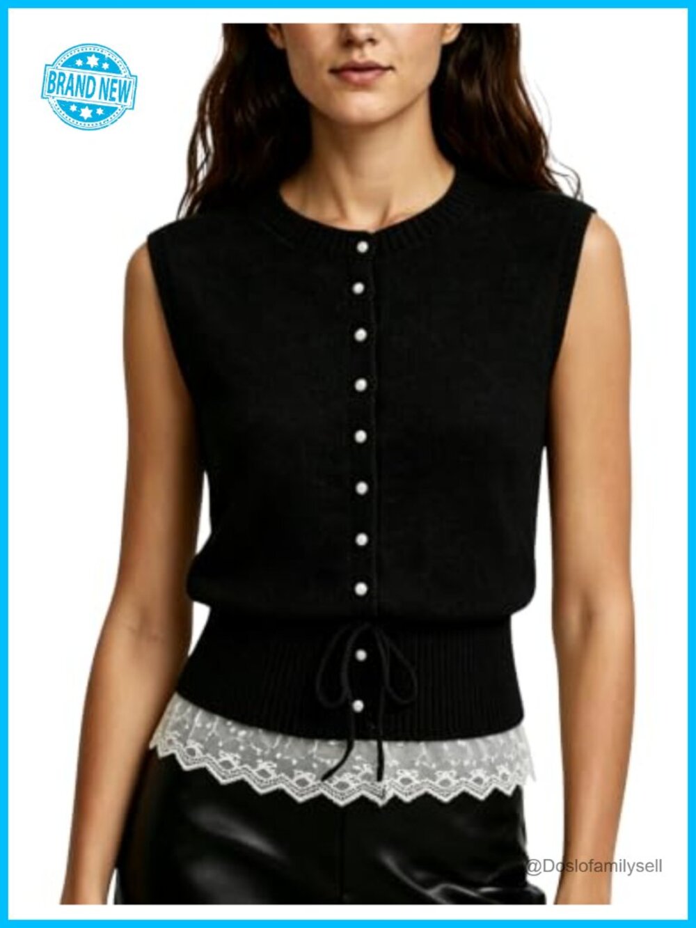 Sleeveless Button Down Sweater Vest Lace Hem Knit Cardigan Drawstring